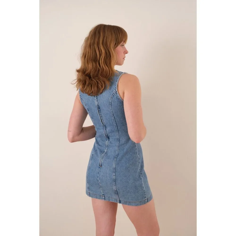 Vintage 90s Medium Wash Cotton Denim Paneled Sleeveless Mini Dress - Picture 5 of 8